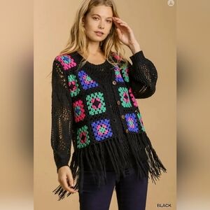 NEW!!! Umgee Granny Square Crochet Fringe Vest,Sz Small,Med &Lrg,NWT